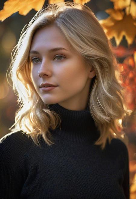 "Create an image of a young woman with fair skin and sun-kissed blonde hair styled casually. Her hair should be textured, slightly wavy, and shoulder-length. She has defined eyebrows, clear eyes, and natural makeup. She is wearing a fitted, black, crew-neck sweater with a ribbed texture. The setting is outdoors with a backdrop of autumn trees, bathed in the warm, soft glow of late afternoon light. "