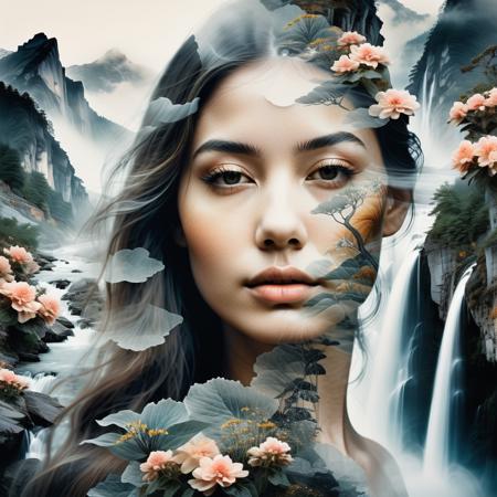 A double exposed collage, merged images. Portrait of a beautiful woman's face. Long curvy hair. Mountains, waterfall, river, flowers. Foggy, overdetailed, feminine, warm light, complex, dynamic composition. Black background. sinoink