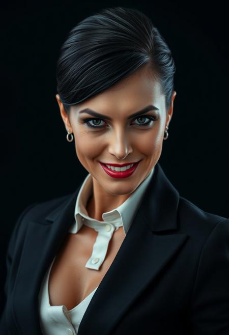 Portrait of a  50 year old beautiful female in a dark business suit, blouse with cleavage, She has  neatly combed-back black hair. They have a spray tan that is slightly overdone.  Their pupils are black onyx colored and look slightly inhuman.  The background is also dark, emphasizing the formal attire and creating a dramatic, sophisticated mood. The overall tone is professional and serious. This person looks sinister despite being handsome   They radiate menace and have a evil smile that shows overly bright teeth with slightly elongated canines