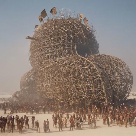burning man festival rituals depicting huge mobs with flamboyant pilgrims clothing contemplating the huge fire of the enormous main sculpture