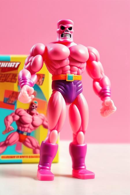 <lora:1987 Action Figure Playset Packaging:1>1987 Action Figure Playset Packaging - toy action figure of a pink muscle man ghost in front of colorful cardboard packaging on plain white backdrop