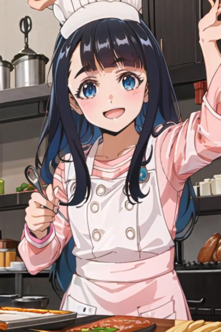 best quality, masterpiece, highres, solo, {koganeikoyuzu_edomaeelf:1.15}, black_hair, long_hair, bangs, blue_eyes, blush, smile, blunt_bangs, 1girl, blue_hair, chef, chef_hat, hat, sidelocks, holding, cooking, pink_background