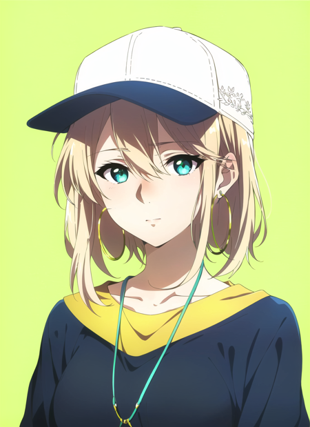 violet evergarden <lora:violet_evergarden_offset:1>, masterpiece, best quality, 1girl, aqua eyes, baseball cap, blonde hair, closed mouth, earrings, green background, hat, hoop earrings, jewelry, looking at viewer, shirt, short hair, simple background, solo, upper body, yellow shirt