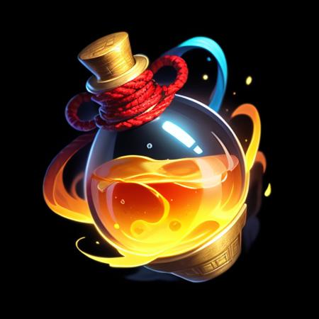 (masterpiece),(best quality),(ultra-detailed),a bottle, Splash, water, cool, burning, rainbow colors,Splash, water, cool, burning, rainbow colors,gems, rope,reasonable structure, black
bottom, high definition, game icon,Chinese pattern, 
Chinese style,(2d ),black background <lora:bottle:0.4>