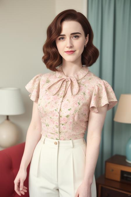 High resolution photo of woman, floral top, pedal pushers, 1950s aesthestic, film grain, aged photo, rachelbrosnahan  <lora:rachelbrosnahan:0.8>