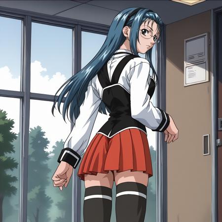 JunkoMochida,1girl,blue hair,hair band,black eyes,eyewear, school uniform,white shirt,strap,vest,red tie, red skirt, thighhighs,