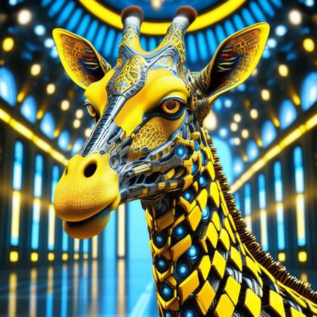 DonMX3n0T3chXL, a cyber giraffe, masterpiece, best quality, highly detailed, sharp focus, dynamic lighting