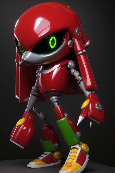 Metal Knuckles, red robot, black sclerae and green pupils,red ellipsoid torso with a rectangular intake with a white rim on its chest, metal dreadlocks, long and thick paws with two gray and sharp claws