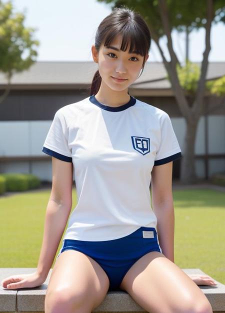 1girl, shirt, solo, gym uniform, realistic, white shirt, buruma