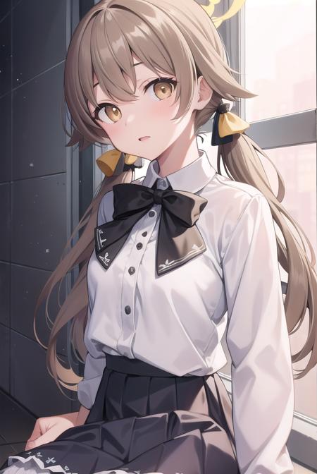 bluearchivehifumi, <lora:bluearchivehifumi-lora-nochekaiser:1>, 
hifumi, brown hair, hair between eyes, hair bow, hair ribbon, halo, long hair, low twintails, sidelocks, twintails, wing hair ornament, (brown eyes:1.5), (flat chest:1.),
BREAK black pantyhose, black skirt, long sleeves, pantyhose, pleated skirt, ribbon, school uniform, serafuku, skirt,
BREAK looking at viewer, 
BREAK indoors, classroom,
BREAK <lyco:GoodHands-beta2:1>, (masterpiece:1.2), best quality, high resolution, unity 8k wallpaper, (illustration:0.8), (beautiful detailed eyes:1.6), extremely detailed face, perfect lighting, extremely detailed CG, (perfect hands, perfect anatomy),