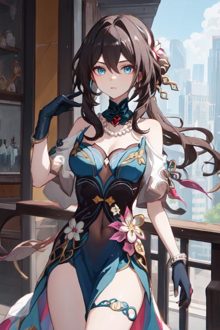 ruan mei \(honkai: star rail\) long hair, hairpin, dress, dark-green elbow gloves, necklace, single silver bangle, thigh strap, flower, see-through, detached collar, bare shoulders, 