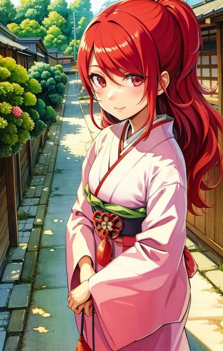 <lora:MitsuruKirijoPersona4:1> watercolor, soft lighting, scenic background, from above, outdoors, edo japan, rows of shops, dirt road, mitsuru kirijo [persona], 1girl, happy expression, traditional japanese clothes, red hair over on eye