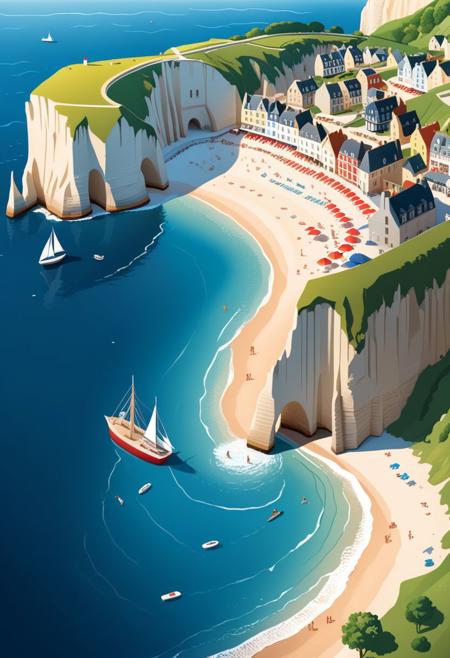 Town, beach, and cliff of Etretat, France (((isometric style)))