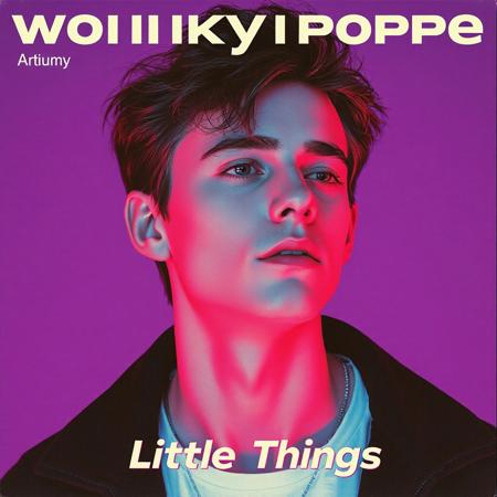 high quality design aesthetics, new wave, eighties, synthpop, detailed, pop album cover, young white man, artist name "WonkyPop", album title "Little Things"