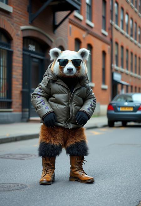 street photography of a purple spotted panda wearing boots, a down jacket, sunglasses, surreal street scene, urban brick buildings in the background