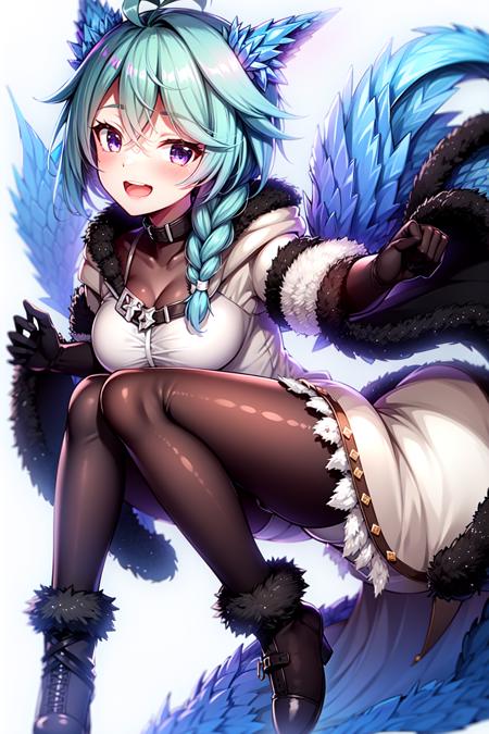 fur trim, 1girl, fur-trimmed coat, fur-trimmed jacket, fur collar, fur-trimmed boots, solo, open mouth, fur-trimmed gloves, ahoge, fur-trimmed sleeves, full body, white background, simple background, gloves, smile, braid, looking at viewer, fur-trimmed dress, purple eyes, fur-trimmed cape, pantyhose, blue hair, fur-trimmed hood, white dress, black legwear, breasts, long hair, fur-trimmed capelet, coat, brown legwear