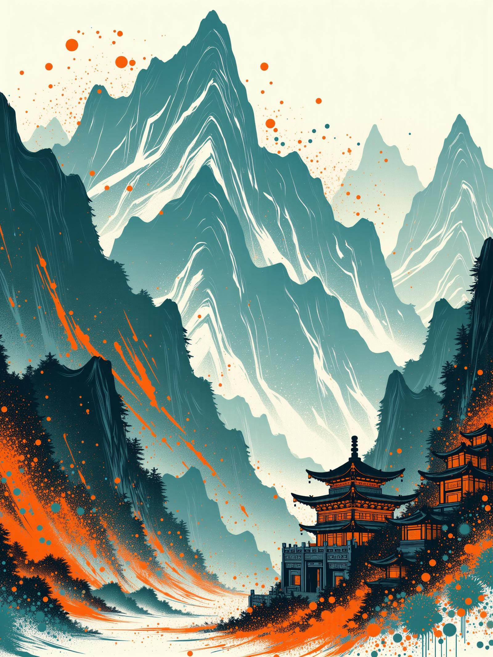 mountain range, temple, buddha statue, mad-cbrpnksplshrt, paint splashes, outrun <lora:Neon_Cyberpunk_Splash_Art_FLUX:0.8>