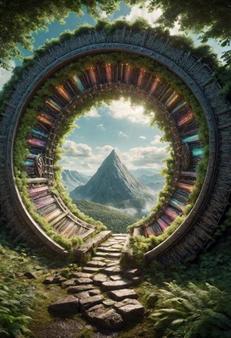 Hyperrealistic art, lush green wooded mountain pass landscape, a fantasy glowing Vivid multi-colored Runes covered FiberOptic Circular gate (Circular portal:1.3), a detailed matte painting by Mike Winkelmann, cgsociety, fantasy art, blue sky, Extremely high-resolution details, photographic, realism pushed to extreme, fine texture, incredibly lifelike