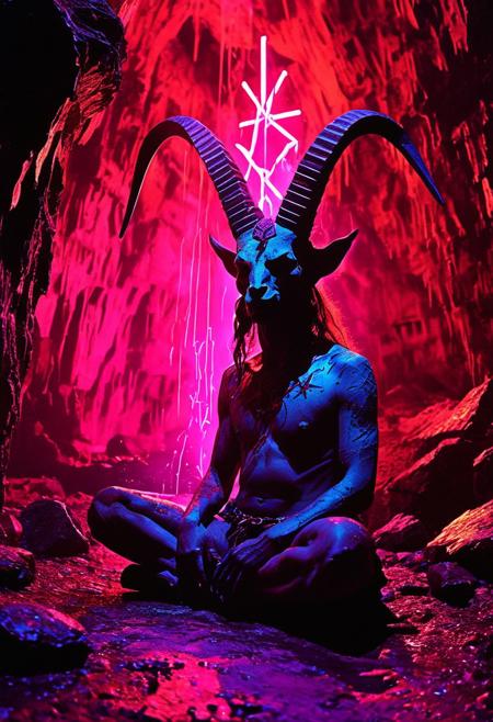 In a subterranean cave system, a natural rock formation resembles Baphomet. Stalactites and stalagmites around the formation are decorated with primitive paints and offerings, creating a sacred space where followers come to meditate and seek visions., 
in the style of a vintage, high-contrast setting, capture the essence of a campy and sensual satanic ritual. Emphasize theatrical elements with bursts of bright colors against dark, moody backgrounds
,grim landscapes with vibrant exaggerated neon colorful art, 
, old 80's VHS dark fantasy, VHS screen grab, grainy, old footage