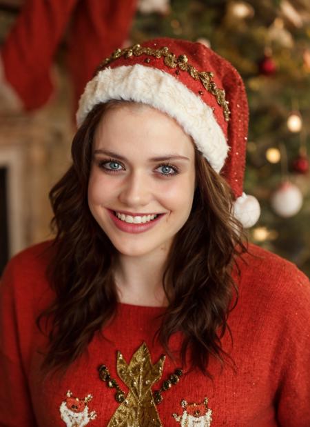 professional photography, portrait of a woman red ugly sweater, Santa hat, cozy room, Christmas, sweet smile, bold, bright colours, (high detailed skin:1.1)
 <lora:jennie_jacques_lora_v01:1> jenjac