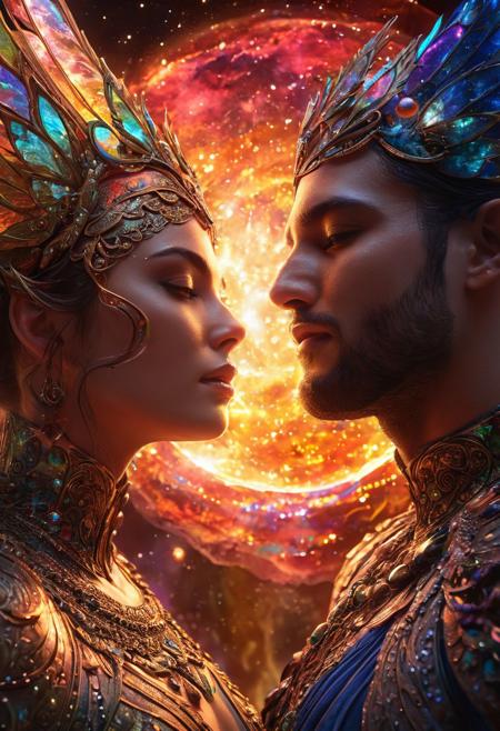 Fantasy celestial entity, couple in love, chakra frontal,  whole body view, surrealism, alcohol ink, double exposure, godly aura, energy body, perfect face, glowing eyes, alluring, holografic colours, orbs of magic, fairy wings, outer space, 8k, UHD, masterpiece, hight resolution, delicate detail, hyper realistic, highly detailed, perfect composition, gorgeous, beautiful, detailed, insanely detailed, octane render, trending on artstation, 8k artistic photography, photorealistic, concept art, soft, natural, volumetric, cinematic, natural light, sf, intricate artwork