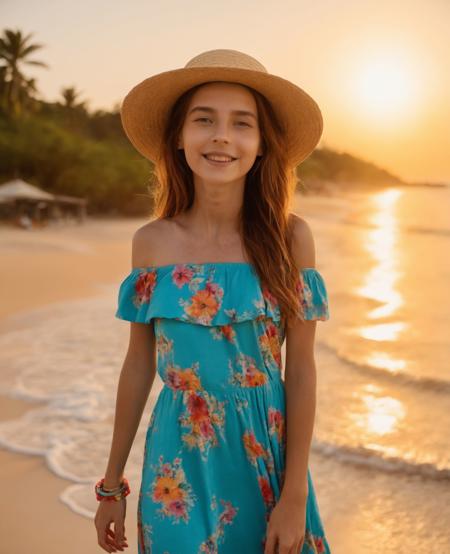 breathtaking professional photography of ((HelgaGrey)), a (woman) <lora:HelgaGrey_SDXL_v1.0-step00003000:1> the (attractive:1.1) model is captured against the backdrop of a vibrant, tropical beach at sunset. She stands barefoot on the powdery white sand, (wearing a flowing, colorful maxi dress adorned with a mesmerizing floral pattern. The dress has an off-the-shoulder neckline:1.3), accentuating her sun-kissed skin. A wide-brimmed straw hat with a matching floral band shields her face from the setting sun. She wears bohemian-style accessories, including beaded bracelets, anklets, and delicate gold hoop earrings. As the warm ocean breeze tousles her wavy, sun-bleached hair, she radiates a carefree and joyous energy, embodying the spirit of a summer soire. good hand,4k, high-res, masterpiece, best quality, head:1.3,((Hasselblad photography)), finely detailed skin, finely detailed textures, sharp focus, (cinematic lighting), collarbone, night, soft lighting, dynamic angle, [:(detailed face:1.2):0.2]