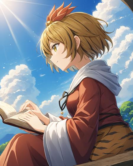 toramaru shou,1girl, solo, hair_ornament, tiger_print, sitting, shawl, cloud, sky, smile, day, reading, profile, long_sleeves, wide_sleeves, outdoors
<lora:toramaru_shou_image1879_2023-12-20-000010:1>,star-shaped_pupils,symbol-shaped_pupils,. gorgeous,key visual, vibrant, studio anime,award-winning, professional, highly detailed,high budget, cinemascope