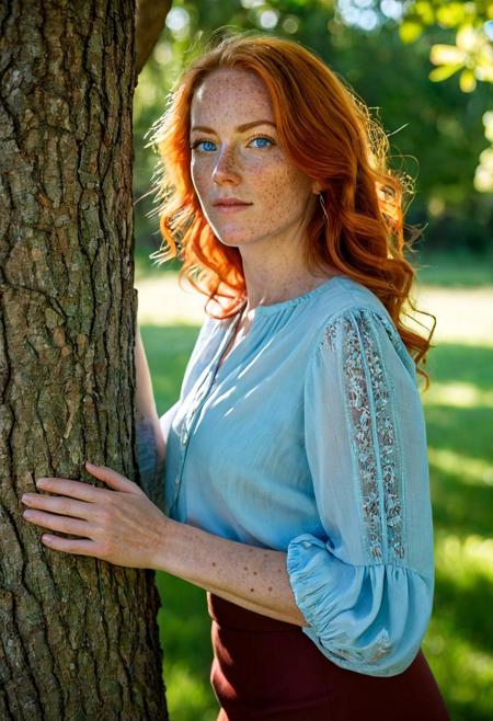 This is a photograph of a 40 year old woman with freckles, from behind, leaning up against a tree and looking over her shoulder at the viewer with her light-blue eyes. She stands in a grassy field with trees in the distance on a bright sunny day.  The sleeves on her (dark red blouse:1.1) are rolled up and she wears a long, (black skirt:1.1). Her long orange hair is wavy and hangs low on her back.  vivid colors, casting shadow style, perfect eyes, extremely intricate details, masterpiece, epic, clear shadows and highlights, realistic, intense, enhanced contrast, highly detailed skin, f/2.8, bokeh, DarkFantasy