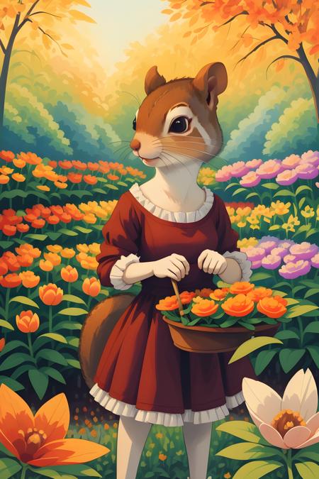 an anthropomorphic squirrel eating a nut and wearing a dress, standing in a garden of flowers background bushes and flowers, autumn, acrylic painting, palette knife and brush strokes