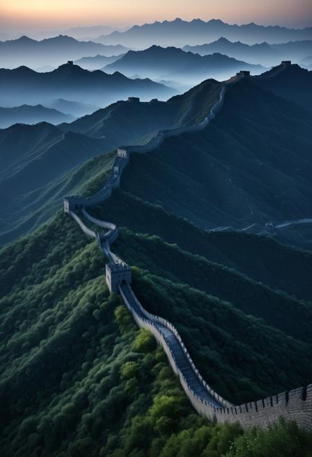 A vast, 
ancient landscape with the Great Wall of China stretching endlessly across mountain ridges, 
shrouded in early morning mist, 
with rugged terrain and a sense of endlessness., 
perfect composition, 
beautiful detailed intricate insanely detailed octane render trending on artstation, 
8 k artistic photography, 
photorealistic concept art, 
soft natural volumetric cinematic perfect light, 
chiaroscuro, 
award - winning photograph, 
masterpiece, 
oil on canvas, 
raphael, 
caravaggio, 
greg rutkowski, 
beeple, 
beksinski, 
giger