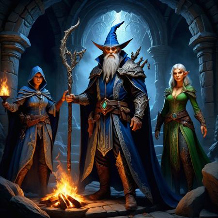 Ultra realistic full body color pencil drawn portrait of  
a fantasy group of a wizard, a ranger, a half-orc and an elven healer exploring a dungeon.
BREAK
Deep dark intense midnight blue foggy background, with swirling fires and sparks,
dynamic lighting, (soft shadows), (soft focus),  (photo realistic), uhd, 8k