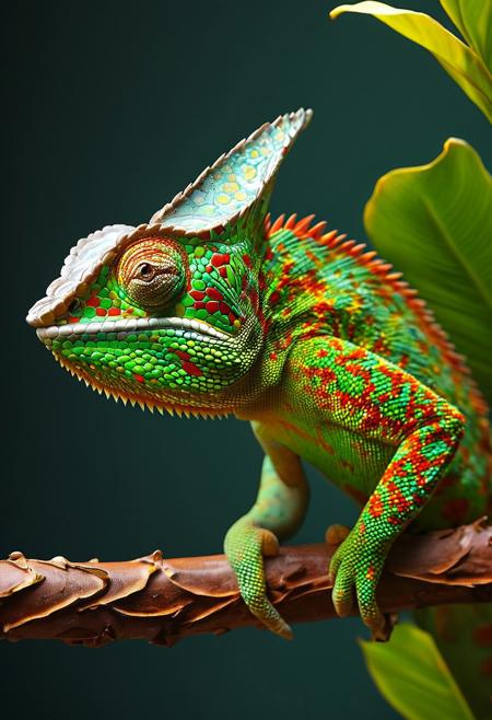 apture a photo-realistic image of a chameleon with dragon horns,  adorned with green scales featuring intricate red and gold patterning. The chameleon should have colorful, beautiful eyes and be depicted in a dynamic full-body pose on a banana branch. Utilize cinematic lighting with Rembrandt lighting techniques to create depth and drama in the image. Incorporate volumetric lighting to enhance the atmosphere around the chameleon. The photograph should be taken with an aperture of F/2.8 to create a shallow depth of field and focus attention on the subject. Ensure maximum detail and ultra-realism in the rendering. The chameleon should be centered in the frame, commanding attention and exuding beauty and majesty. The overall composition should be visually captivating and showcase the intricate details of the chameleon's scales and horns.
(Dramatic Lighting, Photography, 3D Illustration, Vibrant Colors, Exquisite Detail, Award Winning, Stunning)  <lora:MJ52:0.5> epiCPhoto