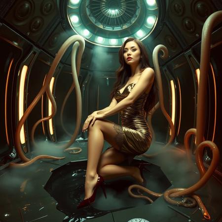 slender classy fashionable rich baroness, kneeling, soiree foil dress, lace trim silk stockings and glossy high heels,  black glossy slime filled hole, possessed, groped, embraced by ghost tentacles from the floor hole,  fog from the floor hole, surrounded by stasis tubes,  alien harem , spaceship, space, high-tech, steel, mirrors, horror, fetish, foil, foil pillows, foil sheets, excited, orgasm face, 1950's science fiction movie,     weird dimension portal to another galaxy in the celling, ultra thin waist, tall, long hair,