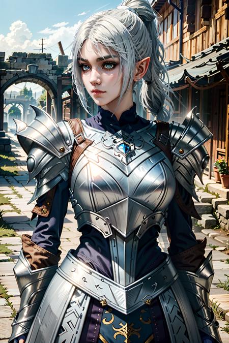 (masterpiece, best quality)
ShadowHBG, 1 girl, white hair, ponytail, pointy ears, beautiful armor, silver, 
<lora:epi_noiseoffset2:1>,  <lora:ShadowHeart:0.7>