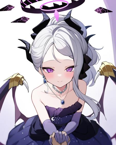 <lora:hina_(dress):1>,hina, 1girl, 1boy, demon wings, solo focus, white background, looking at viewer, holding hands, blush, smile, closed mouth, grey hair, sidelocks, collarbone, dress, elbow gloves, purple gloves, halo, bare shoulders, necklace, earrings, alternate costume, pov