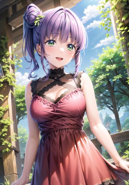 (masterpiece, best quality, ultra-detailed), (illustration), (beautiful detailed eyes), 1girl, solo, otomune kozue, purple hair, (side ponytail:1.3), green eyes, long hair,<lora:KozueV5:0.8>,  large breasts, mature female, 
dress,
light smile, cowboy shot, tareme
outdoors, day, blue sky, (greenery:1.3), depth of field, <lora:1651489307798708599 (1):0.6> <lora:add_detail:0.4> <lora:GoodHands-vanilla:1> <lora:tareme:0.4>