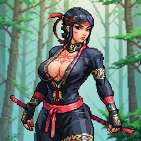 Create an image of a female ninja character, drawn in a cartoon video game style. She should have a fit and voluptuous figure, with agile and powerful posture. Her ninja outfit is both stylish and functional, featuring vibrant colors and intricate patterns that are typical of the cartoon game genre. Her expression is confident and mysterious, with a slight smirk suggesting cunning and intelligence. The background should be a dynamic scene, possibly a forest or a traditional Japanese village, to complement her ninja theme, <lora:pixelgirl2:0.85>