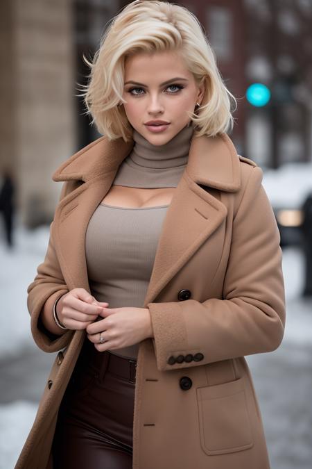 photo of (ansm1th:0.99), a woman, RAW, close portrait photo, long brown coat, turtleneck, long haircut, slim body, (high detailed skin:1.2), 8k uhd, dslr, soft lighting, high quality, film grain, Fujifilm XT3 sharp focus, f 5.6