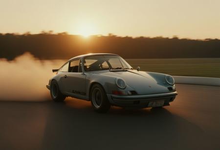 cinematic photo of a fast moving drifting classic Porsche 911 at sunrise, motion blur, moving tires, Movie Still, Film Still, Cinematic, Cinematic Shot, Cinematic Lighting