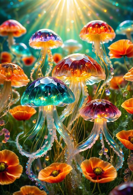 high quality, photography, high definition, highly detailed. cs-cr1stal-v2 a group of wonderful jellyfish made of colorful crystals with gold borders, very long floating tentacles, slightly transparent letting rays of light glowing through.
Background is a sweet field full of poppies, morning light, very peaceful ambiance