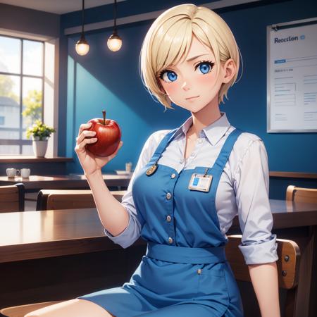 woman, blue blouse with pocket, buttons, id card badge, short blonde hair, blue eyes, sitting, holding red apple, chair, from front, blush, cafe, countertop, coffee <lora:woman_with_apple_01-000006:0.6>