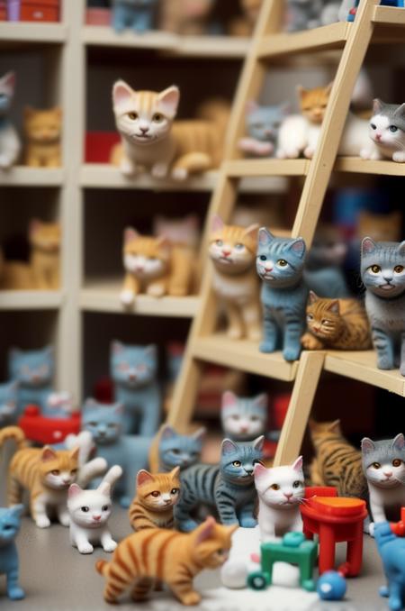 (tilt-shift:1.4) photo of a bunch of cats, in toy shop, selective focus, miniature effect, blurred background, highly detailed, vibrant, perspective control