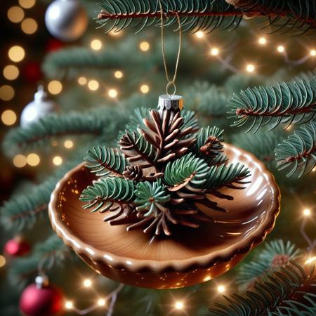 very realistic close-up photograph of a  Christmas  with in a one ponderosa pine dish  in it hanging in a Christmas tree branch