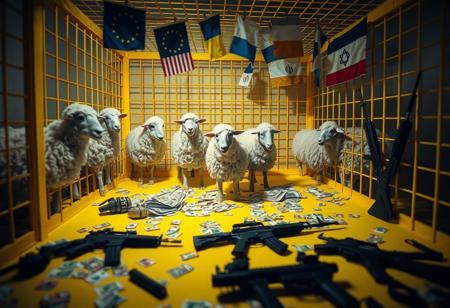 Inside a large, bright yellow cage, a mix of anthropomorphic sheep and humans interact, showcasing a blend of both species’ features in a surreal tableau. The scene is illuminated with creepy lighting that casts unsettling shadows, enhancing the eerie atmosphere. A pastel color palette softens the overall look while adding an unsettling quality. Scattered across the floor are euros and dollars, lying chaotically alongside hand grenades and M16 rifles. Above the cage, European Union, USA, Ukrainian, Israeli, and Iranian flags wave gently. The image captures a rich depth of field, emphasizing the contrast between the lively figures and the ominous presence of weapons and money.