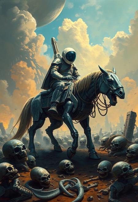 Retro Scifi style. A painting depicting a Spaceman, visor of his helmet is transparent, riding a robotic horse, in a chaotic, apocalyptic scene. The warrior, a towering, imposing figure, stands with his feet planted firmly on a battlefield littered with alien skulls and bones.