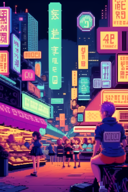 <lora:pixel:0.9>(((pixelart)))  1girl, short hair, multiple girls, sitting, multiple boys, night, building, city, cyberpunk, neon lights