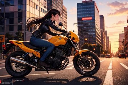 hdoom,masterpiece,Urban highways,Dynamic shots,1girl rides on a motorcycle,moto