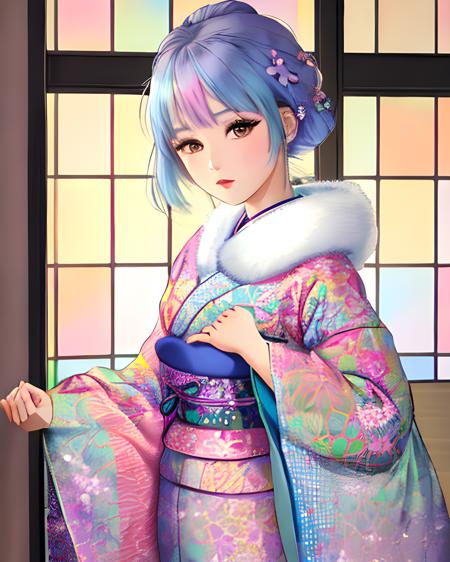 woman wearing furifur kimono, waist up, sweet smile, long wavy hair, flowers in her hair, (blue green and white)1.1, patterned clothes, extremely detailed clothing, featured on pixiv, masterpiece, highest quality, 8k