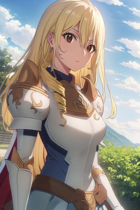 bozescopalesti, <lora:bozes co palesti s1s2-lora-nochekaiser:1>,
bozes co palesti, long hair, blonde hair, (brown eyes:1.5), drill hair,
BREAK skirt, gloves, cape, armor, shoulder armor, gauntlets, jewelry, earrings, breastplate,
BREAK outdoors, forest, nature, sun, sky, clouds, trees, grass,
BREAK looking at viewer, (cowboy shot:1.5),
BREAK <lyco:GoodHands-beta2:1>, (masterpiece:1.2), best quality, high resolution, unity 8k wallpaper, (illustration:0.8), (beautiful detailed eyes:1.6), extremely detailed face, perfect lighting, extremely detailed CG, (perfect hands, perfect anatomy),