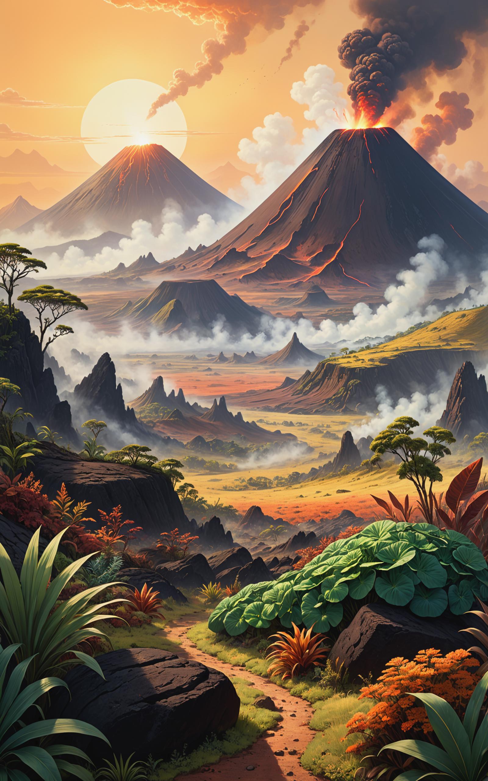 An Artistic Painting of a Mountainous Landscape with Trees and Plants.